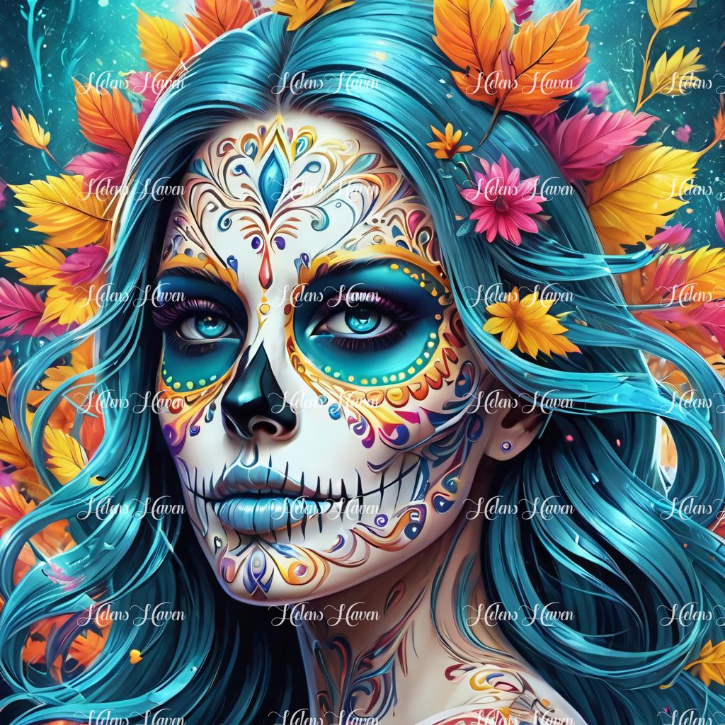 A sugar skull girl is adorned with long, flowing turquoise hair and striking golden paint makeup, creating a vibrant and captivating image. 