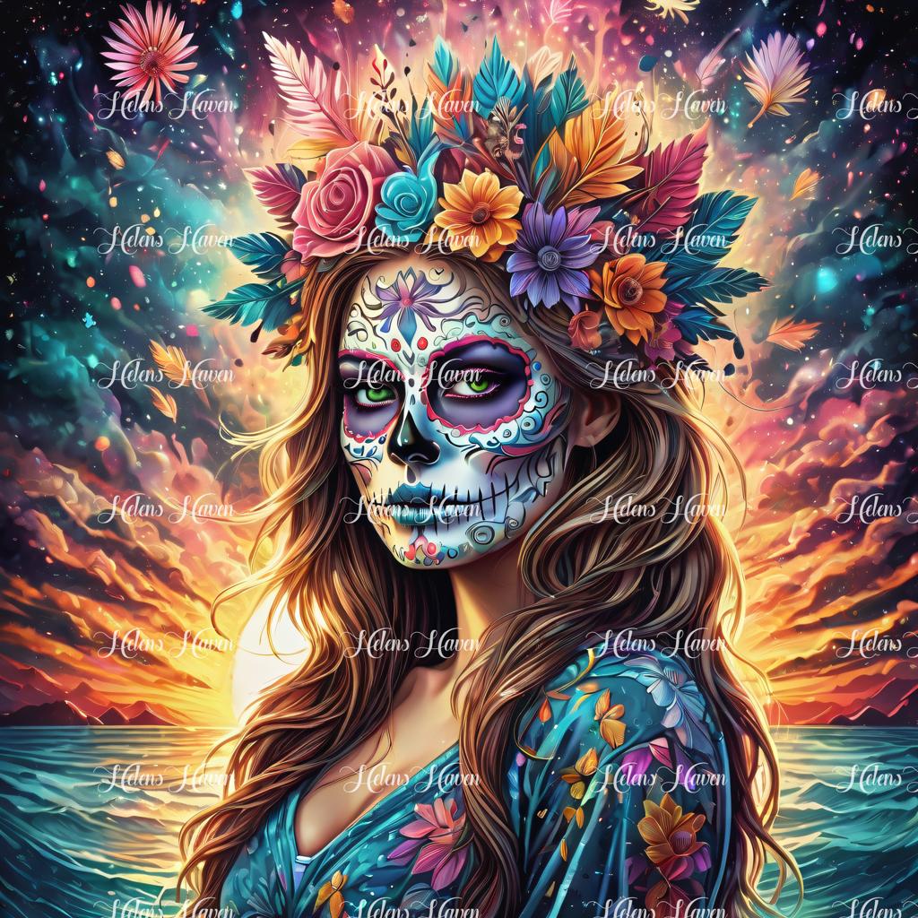 A sugar skull girl is adorned with vibrant roses and delicate feathers, set against a mesmerizing galaxy backdrop.