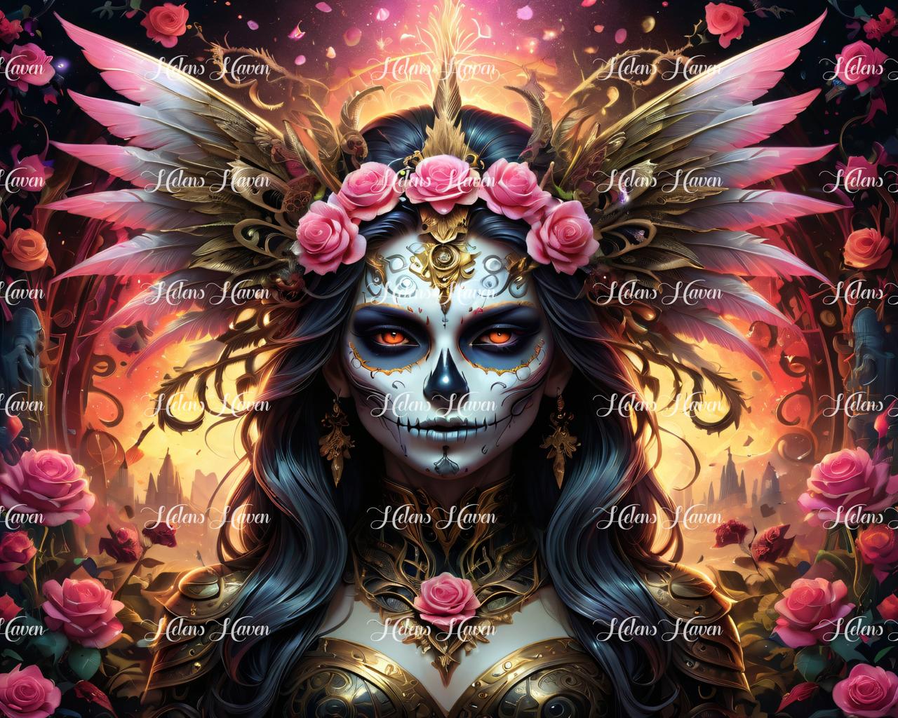 A sugar skull dragon lady is depicted with a striking headdress adorned with pink roses and feathers, creating a fusion of mythical elegance and vibrant color.