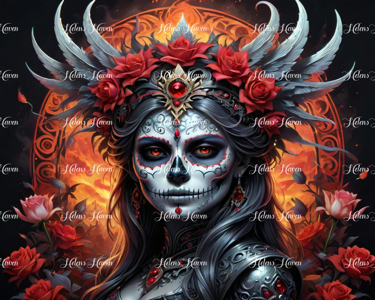 A sugar skull lady is adorned with a stunning combination of reds and white feathers in her hair, creating a vibrant and captivating look. 