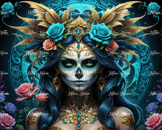 A sugar skull queen is depicted with a regal and mesmerizing appearance, adorned in a stunning combination of turquoise and gold