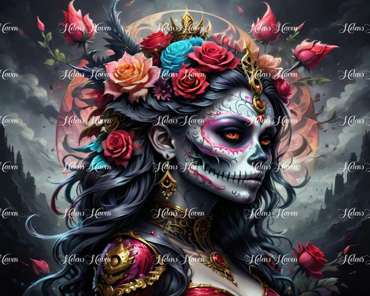 A sugar skull lady is adorned with red roses, creating a striking and elegant visual