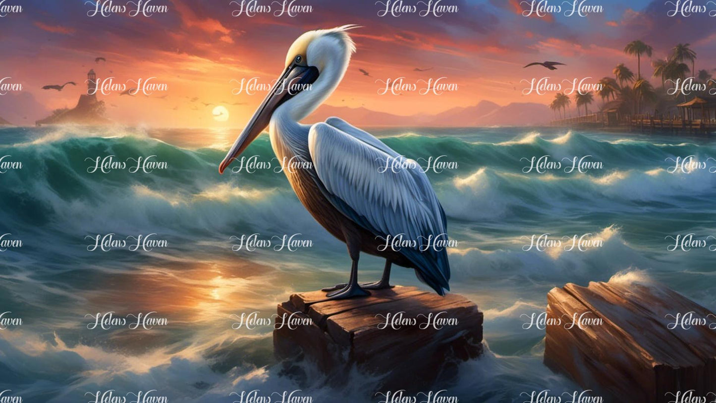 A lone pelican stands on a solitary rock, with gentle waves lapping all around it.