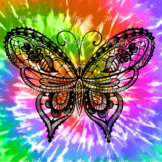 A black butterfly is strikingly displayed against a vibrant tie-dye background, creating a dramatic and eye-catching contrast.