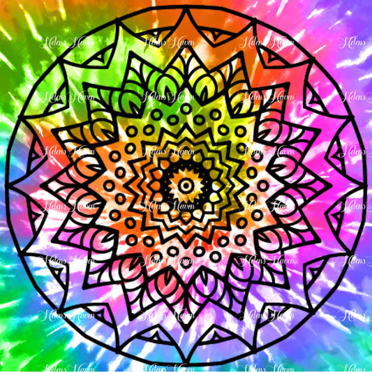 A black mandala is intricately centered on a tie-dye background, creating a striking and harmonious visual effect.