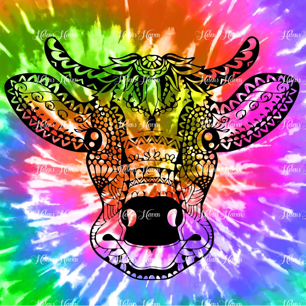 A black cow head is prominently displayed against a tie-dye background, creating a striking contrast and focal point. 