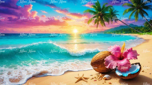 A picturesque beach scene at sunset features a vibrant hibiscus flower and a coconut, creating a tropical and inviting atmosphere.