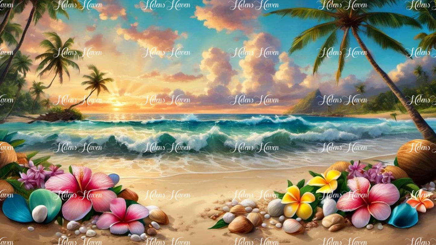 A stunning beach scene features waves crashing against the shore with vibrant flowers scattered on the sand.