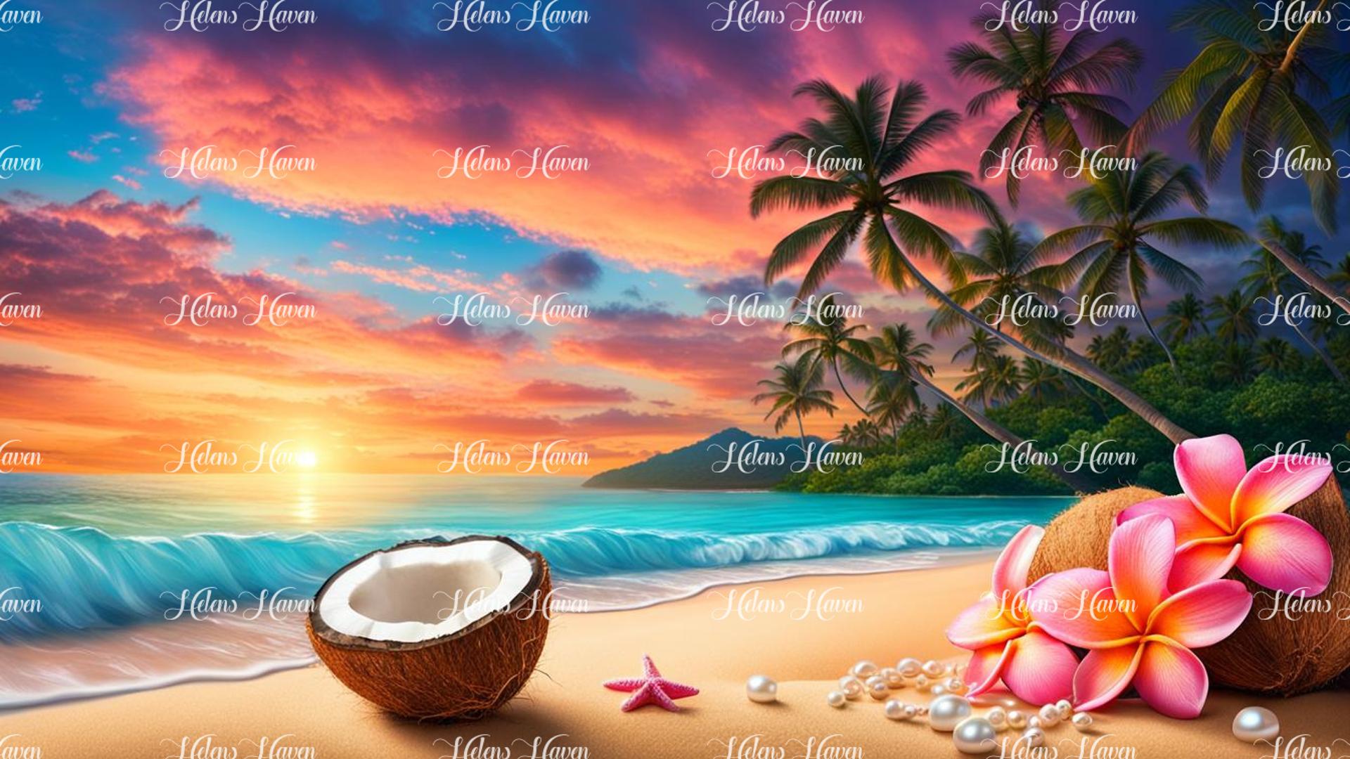 A stunning beach scene features a pink sky sunset with a coconut and frangipani flowers enhancing the picturesque view.