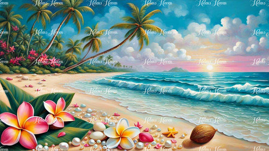 A tropical beach scene features soft, golden sand adorned with lush palm trees and vibrant frangipani flowers.