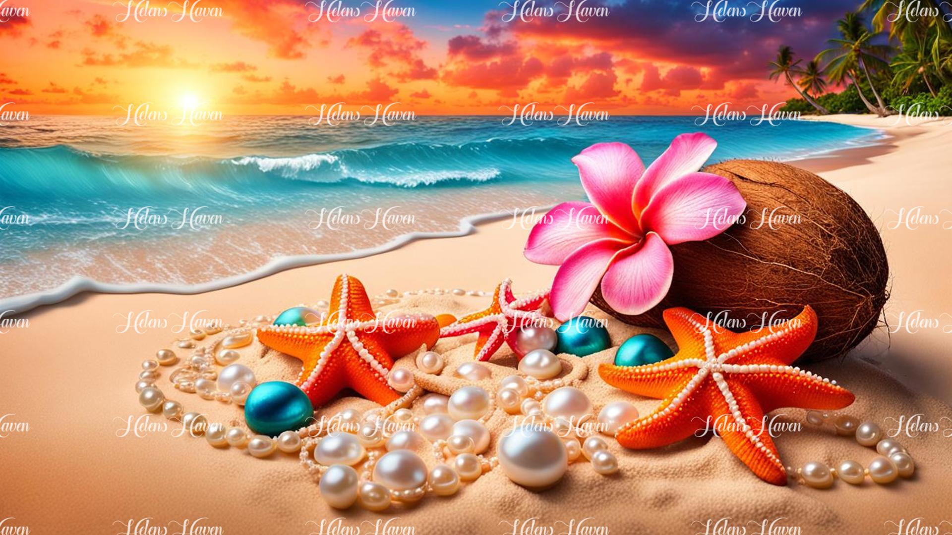 A sunset beach scene is enhanced by the presence of pearls and starfish, creating a charming and picturesque setting.