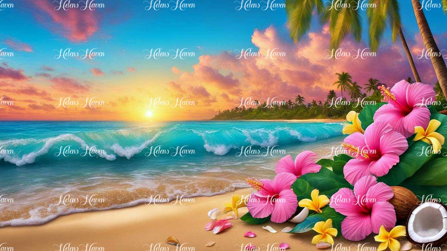 A captivating beach scene features rolling waves and vibrant flowers, creating a dynamic and picturesque setting