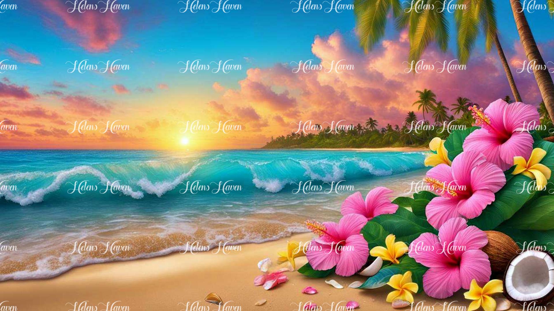 A captivating beach scene features rolling waves and vibrant flowers, creating a dynamic and picturesque setting