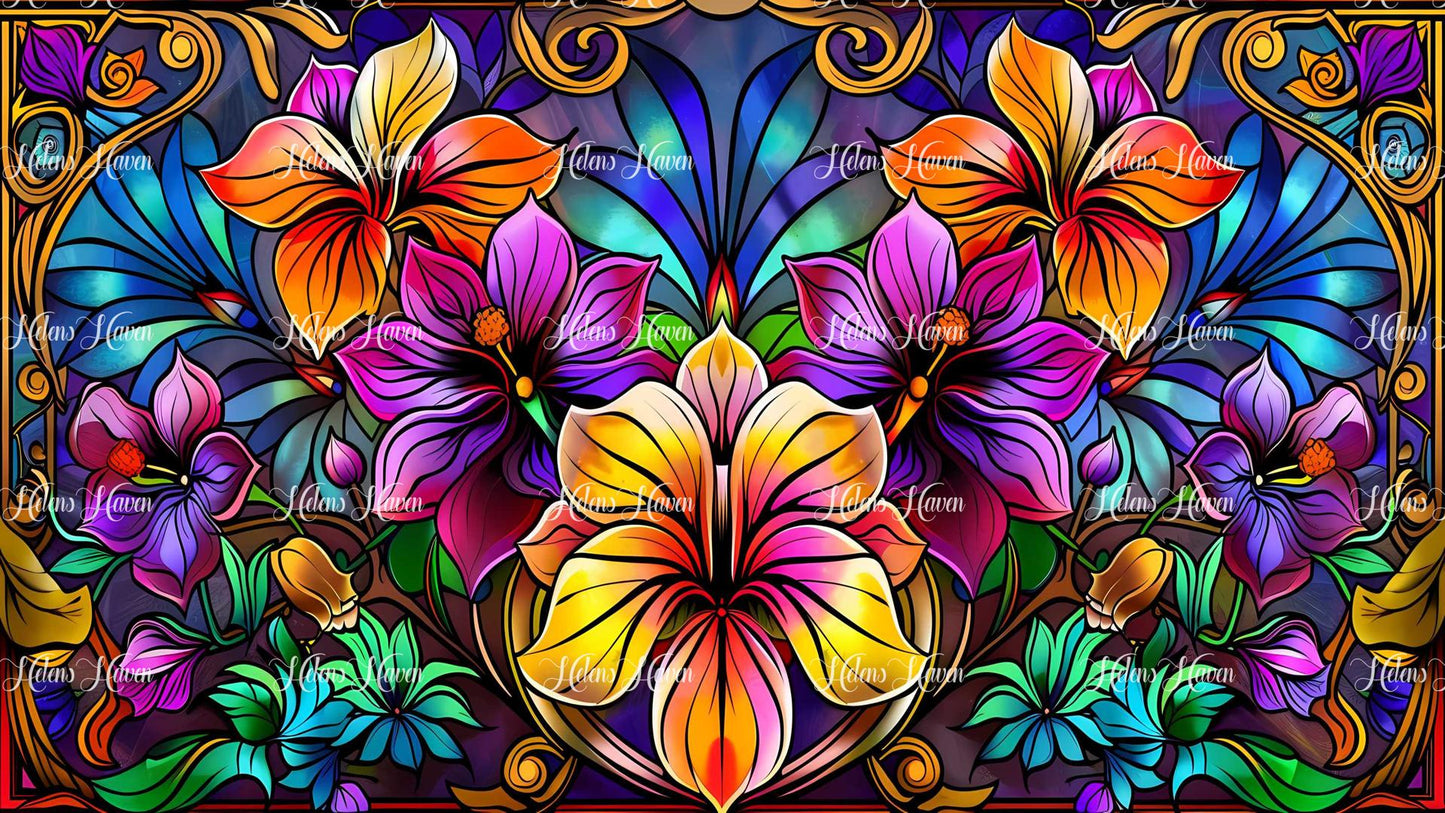 Stunning stained glass hibiscus flowers create a vibrant and intricate visual effect. 