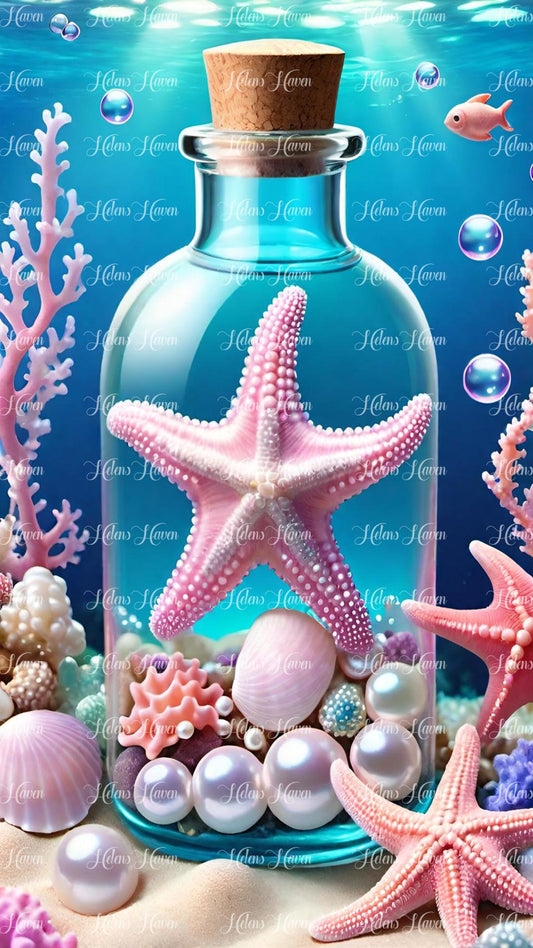 Portrait glass bottle starfish and pearls on the bottom of the ocean