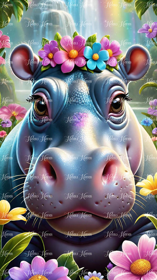 Cute hippo in flowers