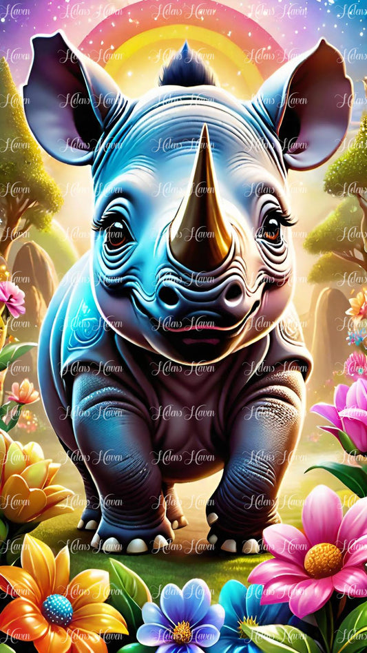 Cute rhino in flowers