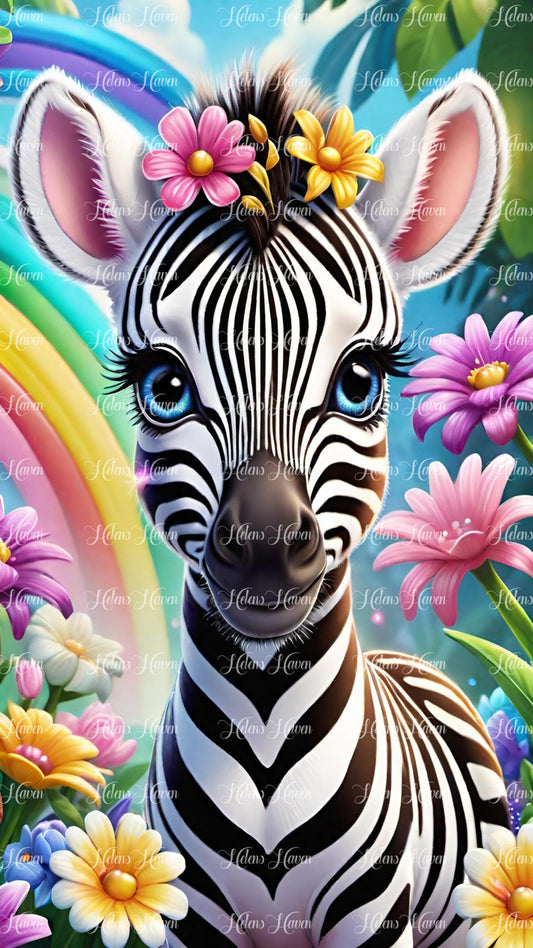 Cute zebra in flowers with rainbow