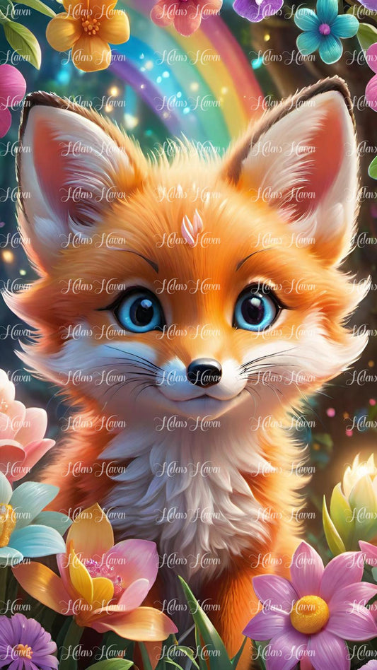 Cute fox in flowers with rainbow