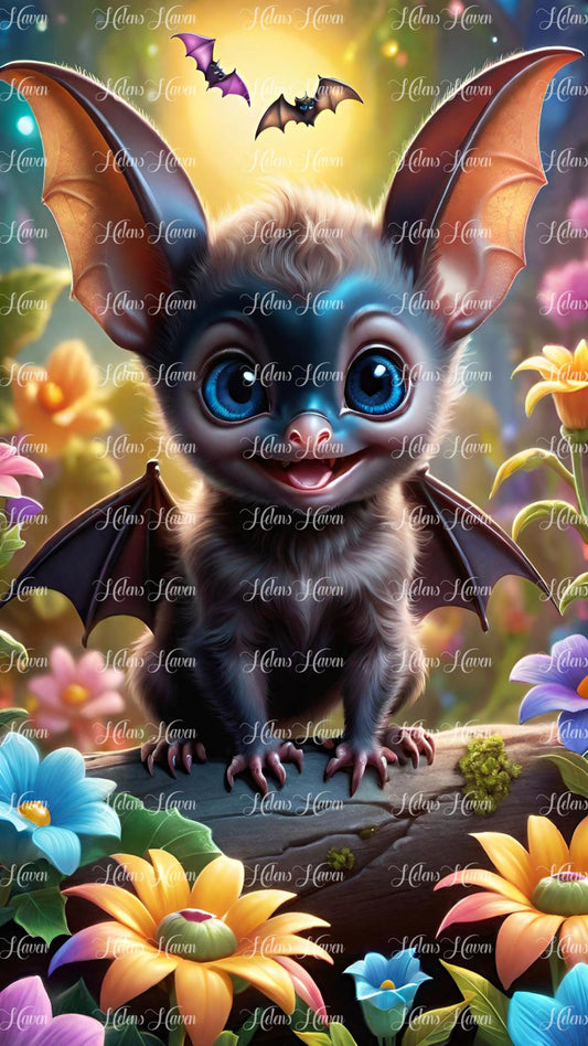 Cute baby bat in flowers