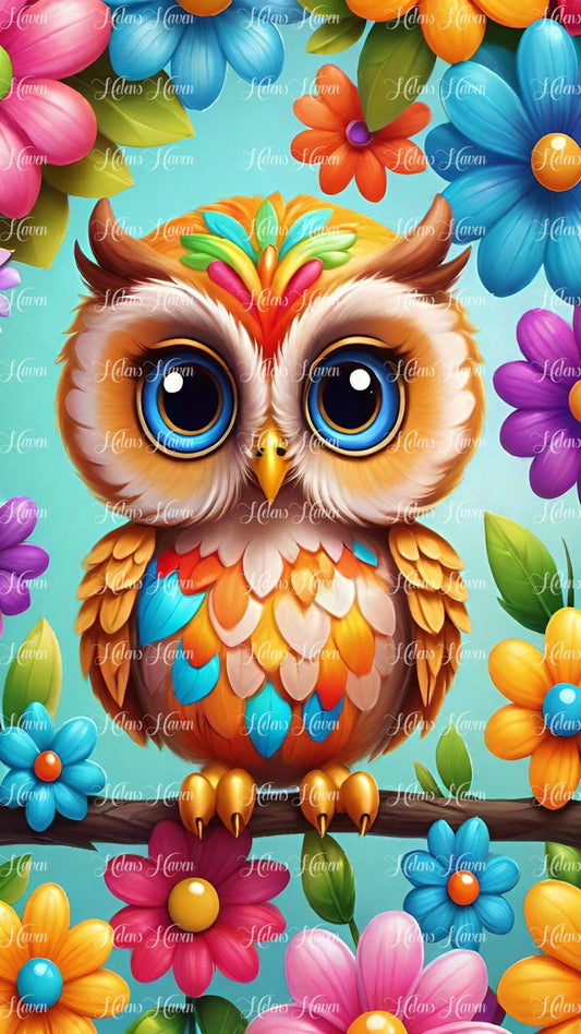 Cute whimsical & colourful owl sitting on a branch