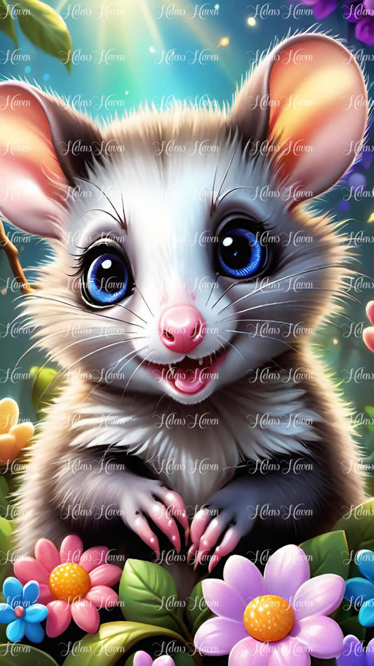 Cute baby possum in flowers