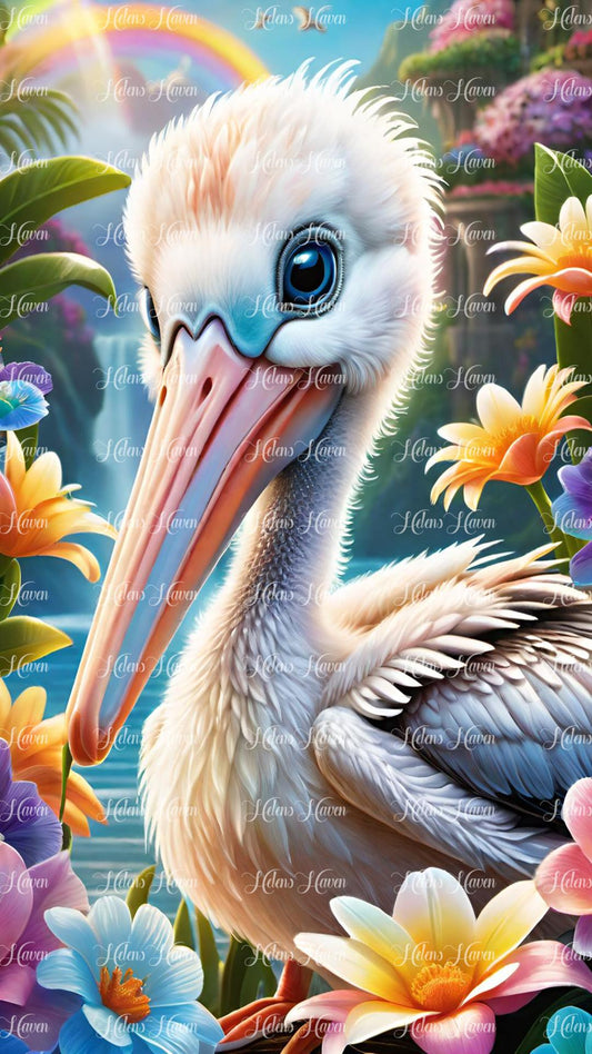 Cute pelican in flowers