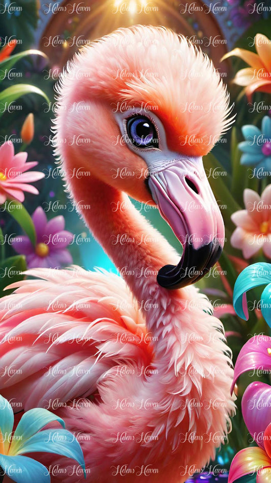 Cute baby flamingo in flowers