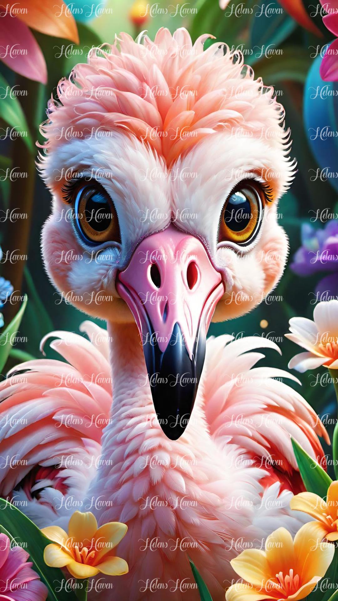 Cute baby flamingo in yellow flowers