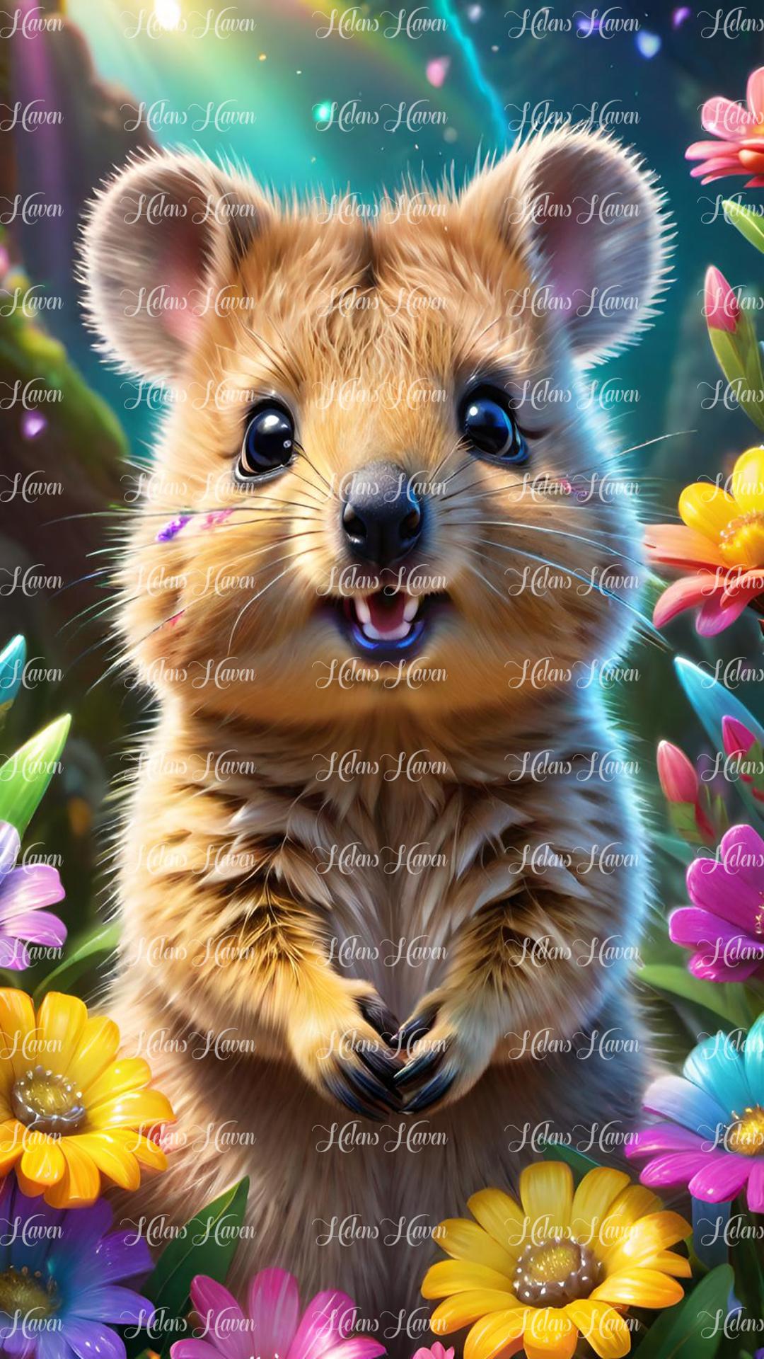 Cute quokka in flowers