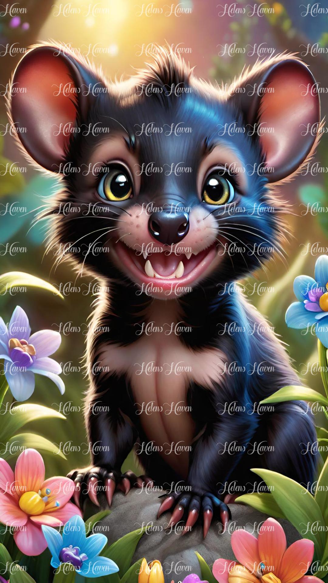 Cute baby Tassie Devil in flowers