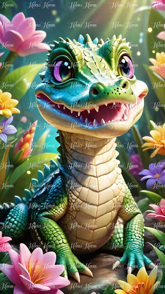 Cute baby crocodile in flowers