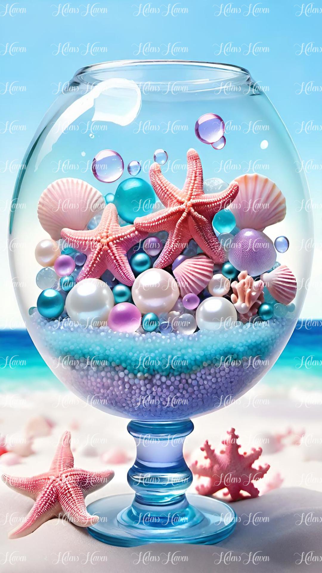 A lovely shaped glass with starfish, pearls and shells sitting on sand