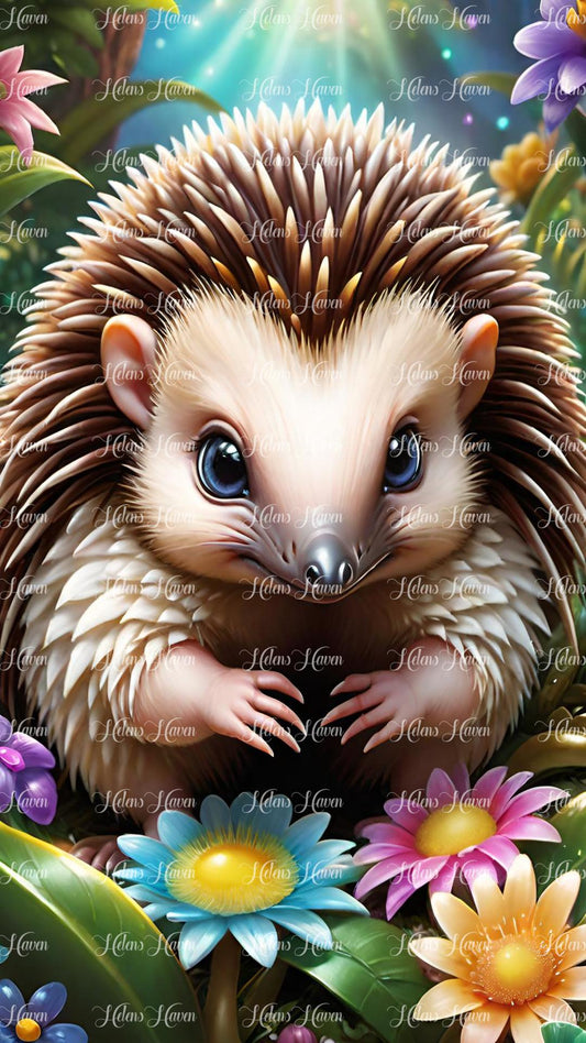 Cute baby hedgehog in flowers