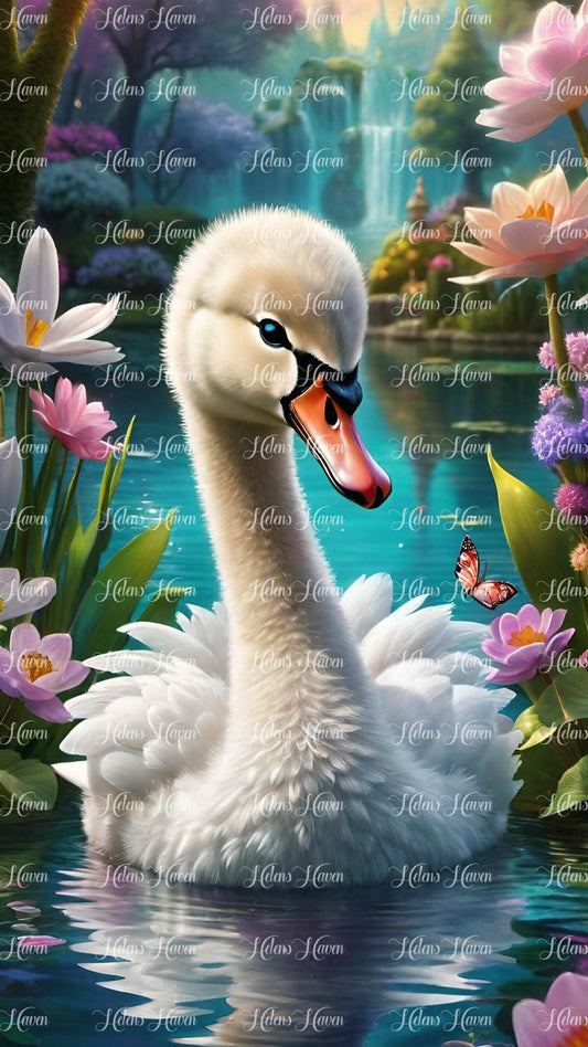 Cute baby swan in pond flowers