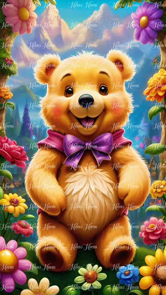 Teddy bear wearing purple bow in flowers