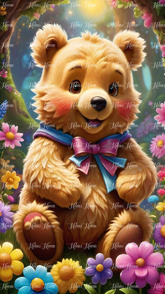 Teddy bear wearing pink and blue bow in flowers