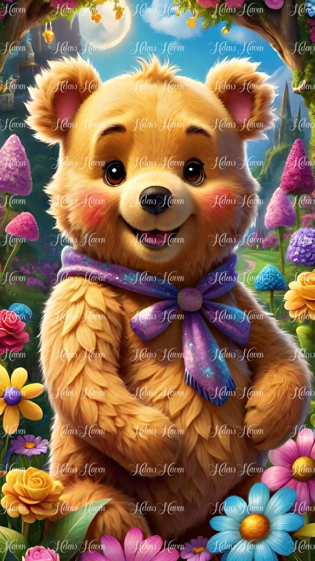 Teddy bear wearing purple bow in flowers