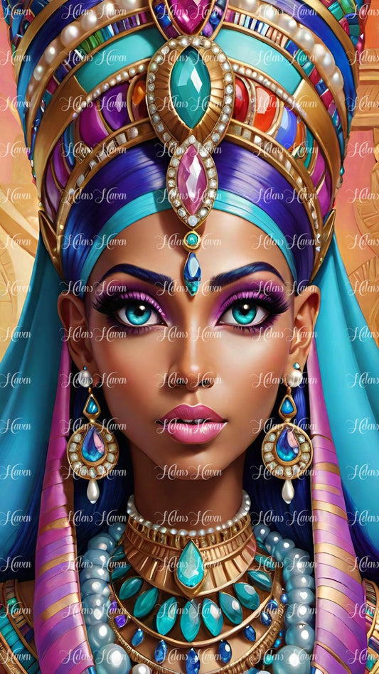 Cleopatra adorned in teal and purple and pink
