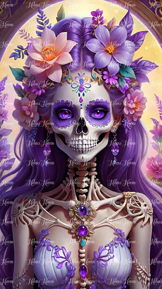 Sugar skull skeleton in purple flowers