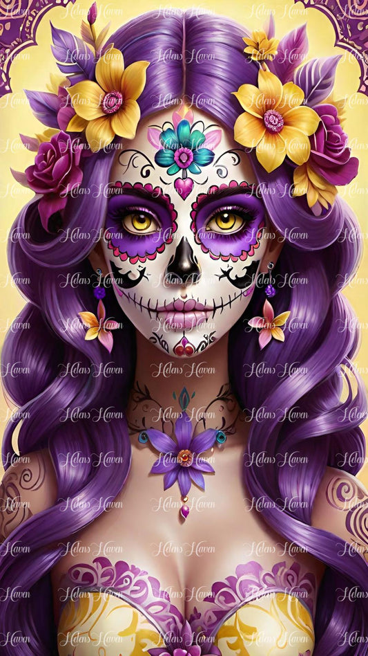 Sugar skull purple and yellow flowers