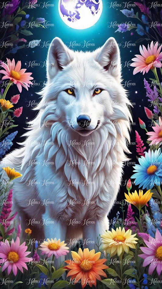 White wolf amongst flowers with full moon at night
