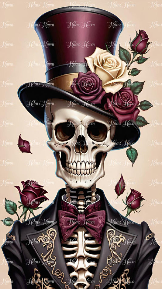 Skull burgundy and cream top hat vintage and roses