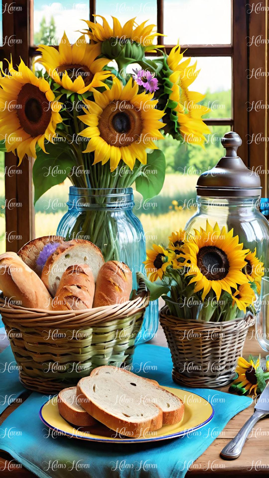 Country kitchen table setting with sunflowers