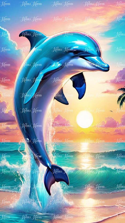 Leaping dolphin at beach in sunset