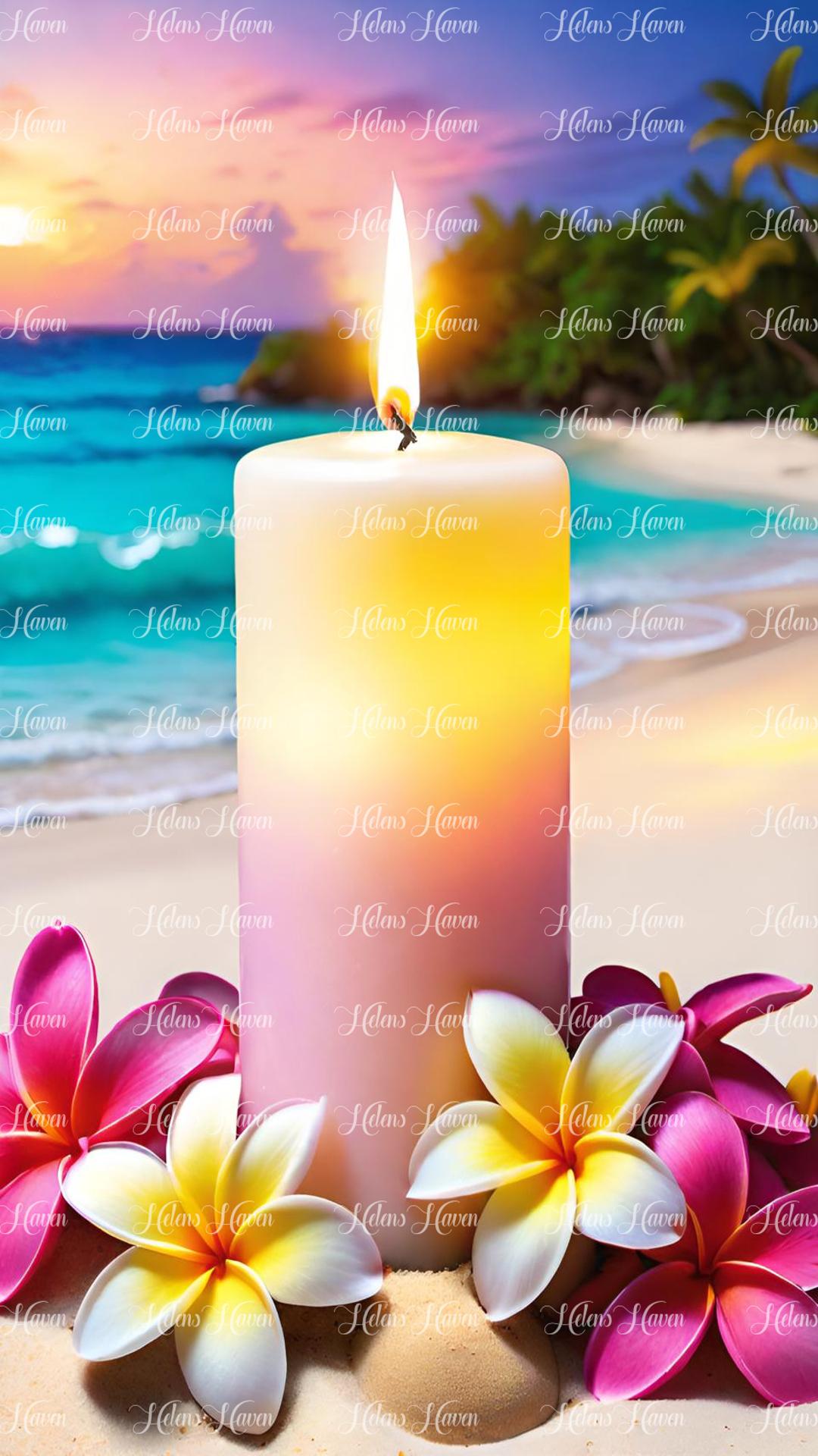 Pink and yellow candle on tropical beach