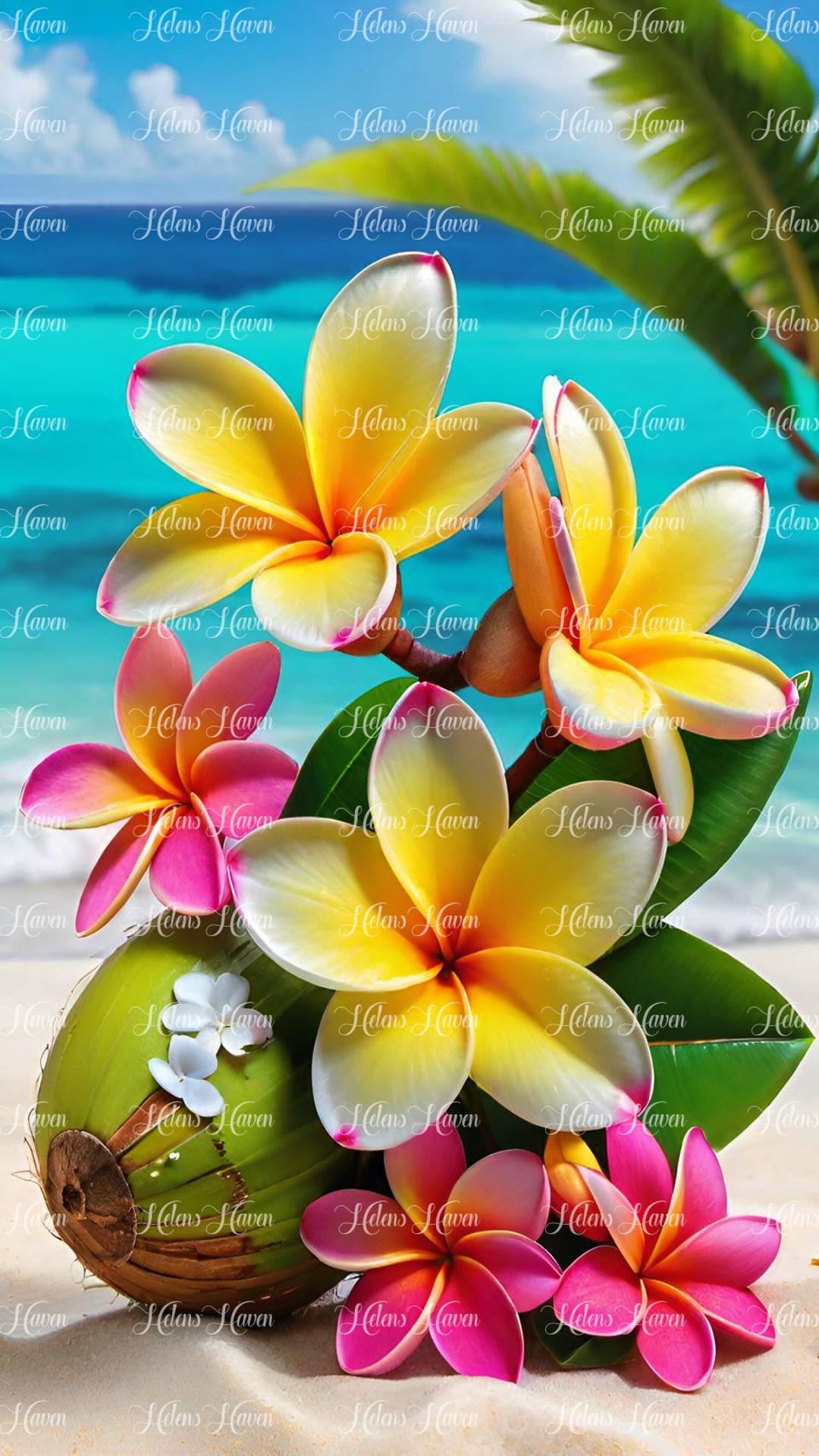 Green coconut tropical beach and frangipani setting