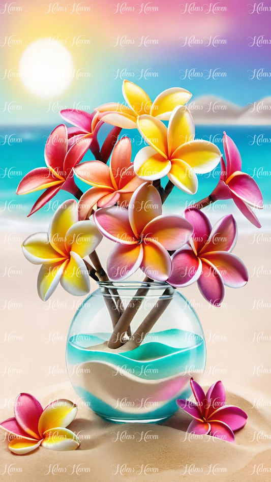 Frangipani flowers in a glass vase on a beach