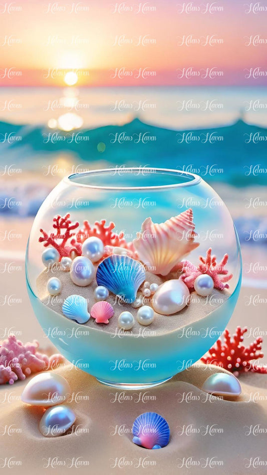 Round glass bowl with starfish, shells and pearls with a sunset