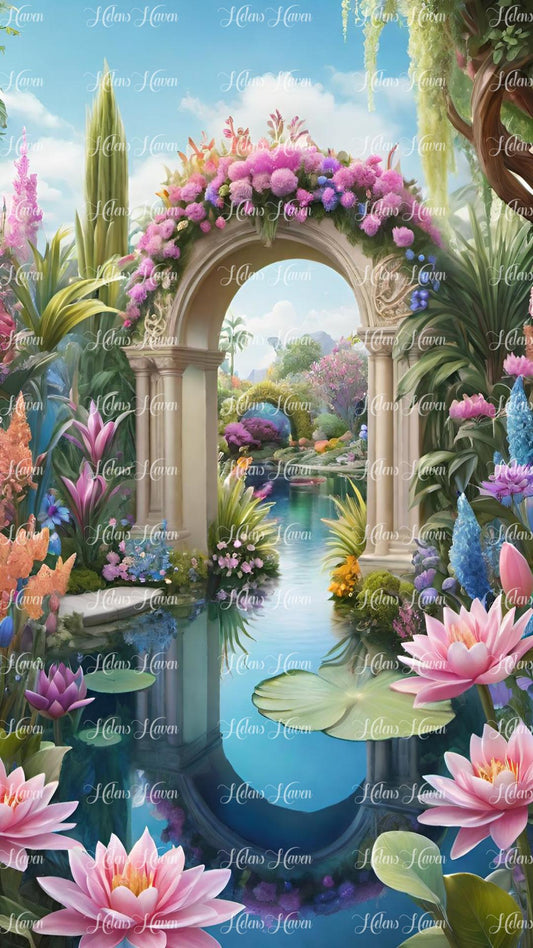 Pretty pond scene with arch and flowers